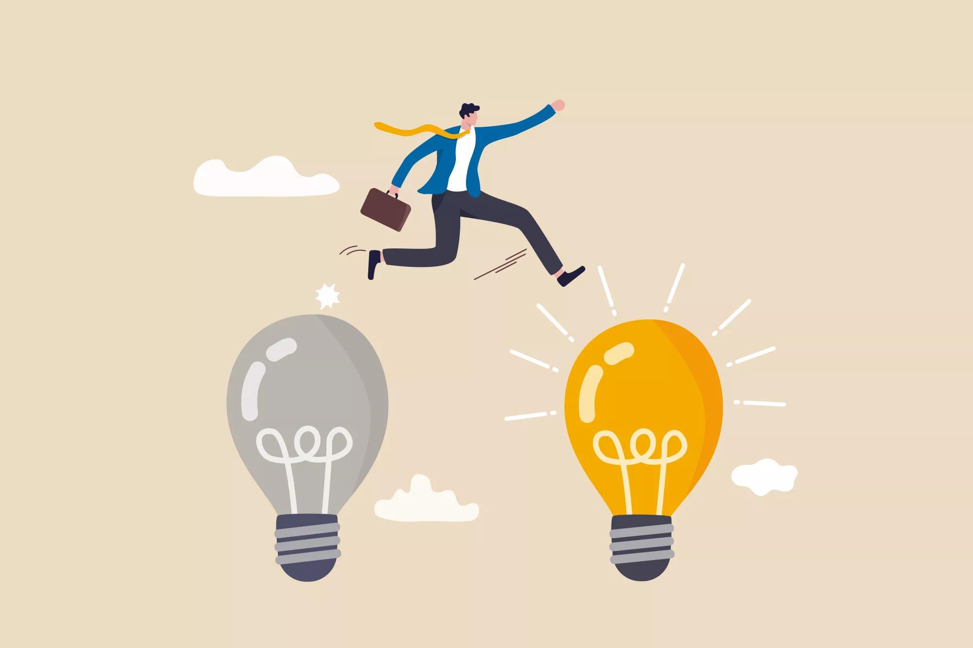 Business transformation, change management or transition to better innovative company, improvement and adaptation to new normal concept, smart businessman jump from old to new shiny lightbulb idea.