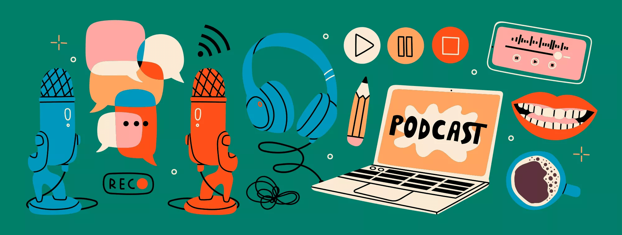 Headphones, microphone, laptop, equalizer, speech bubbles. Podcast recording and listening, broadcasting, online radio, audio streaming service Concept. Hand drawn Vector set. Isolated elements