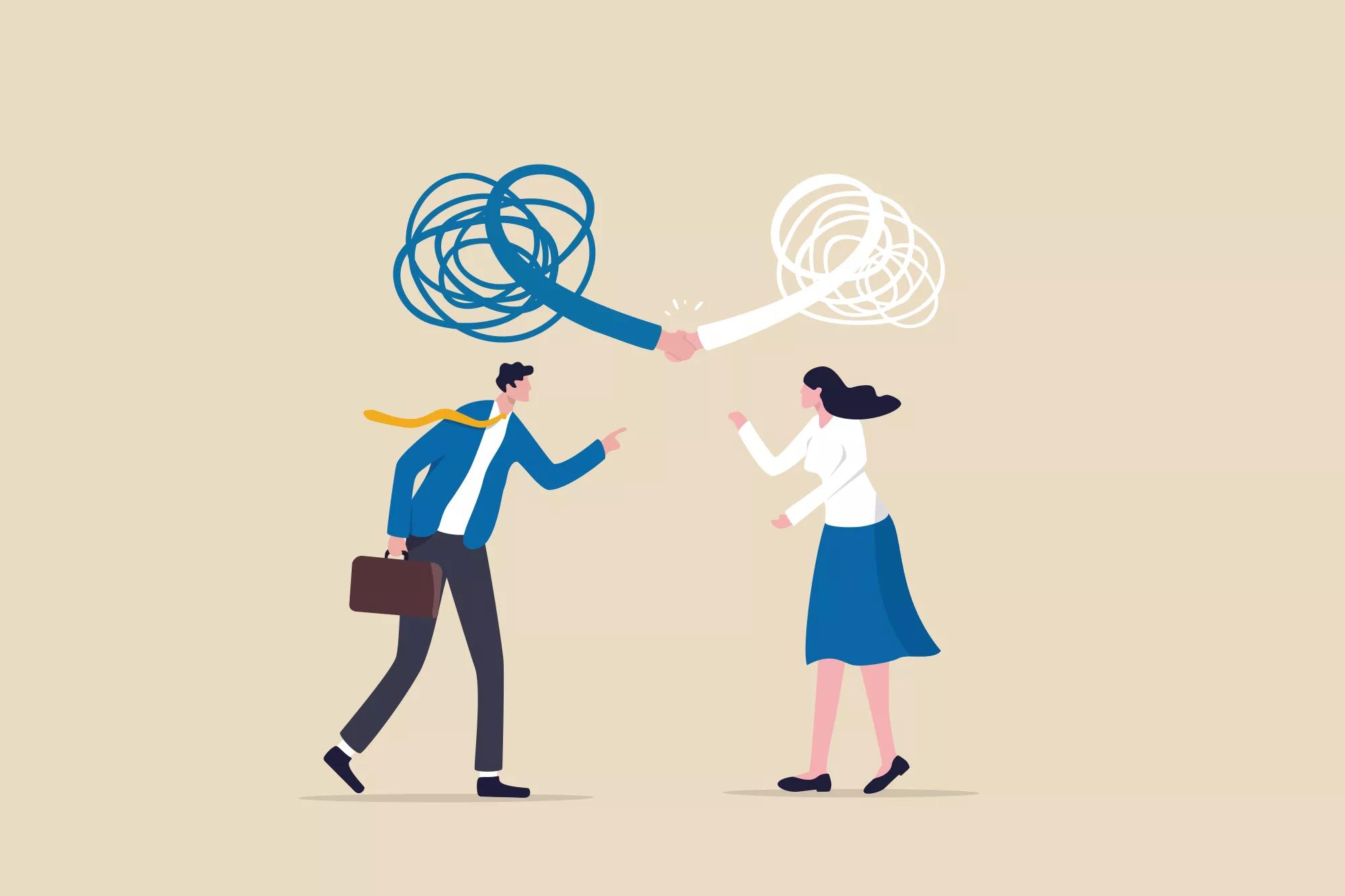 Respect different dissent, accept conflict opinion for work collaborate, professional work discussion concept, businessman and woman fighting or arguing on work with sign of respectful handshaking.