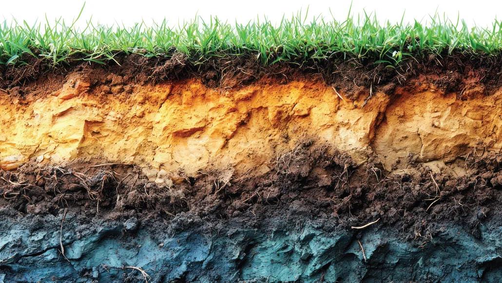 A photo shows a close-up of a plant's root system, with multiple levels of different-colored soil.