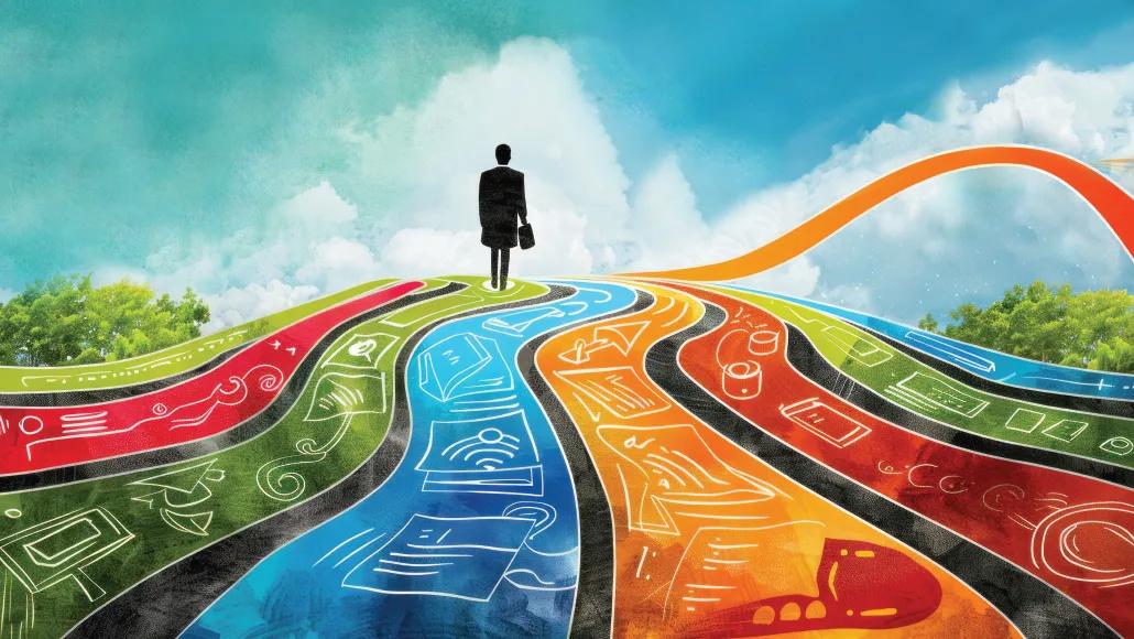 An illustration shows someone standing on one of several different-colored paths.