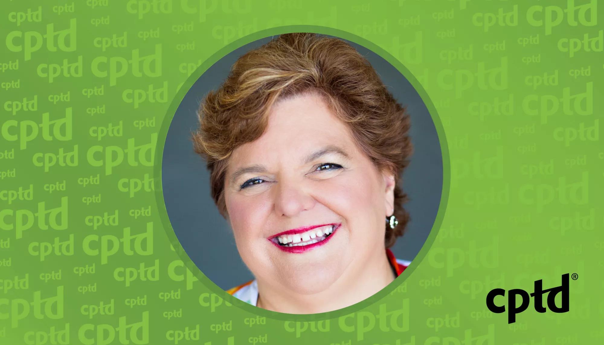 A photo of Sharon Wingron with a green CPTD background