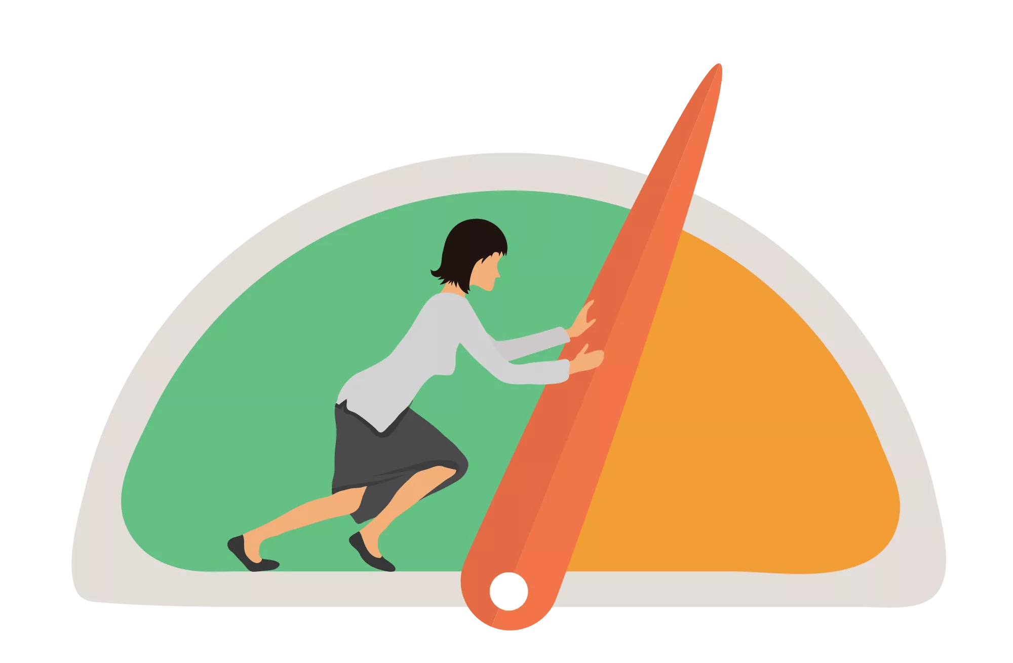 Benchmarking concept illustration. Woman and Speedometer, manometer or general indicators with needles, vector