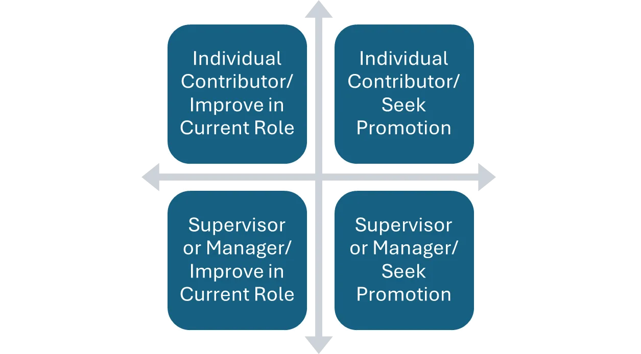 Dana Sims and Robyn Charles 4 box matrix on learning strategy: Individual Contributor/ Improve in Current Role
Individual Contributor/ Seek Promotion
Supervisor or Manager/ Improve in Current Role
Supervisor or Manager/ Seek Promotion