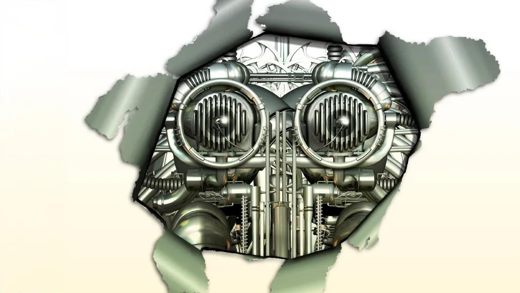 An illustration depicts a robot peeking behind torn paper.