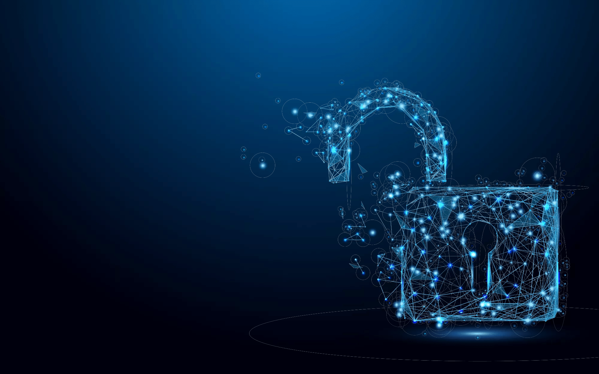 Cyber Unlock security concept. Lock symbol form lines and triangles, point connecting network on blue background. Illustration vector