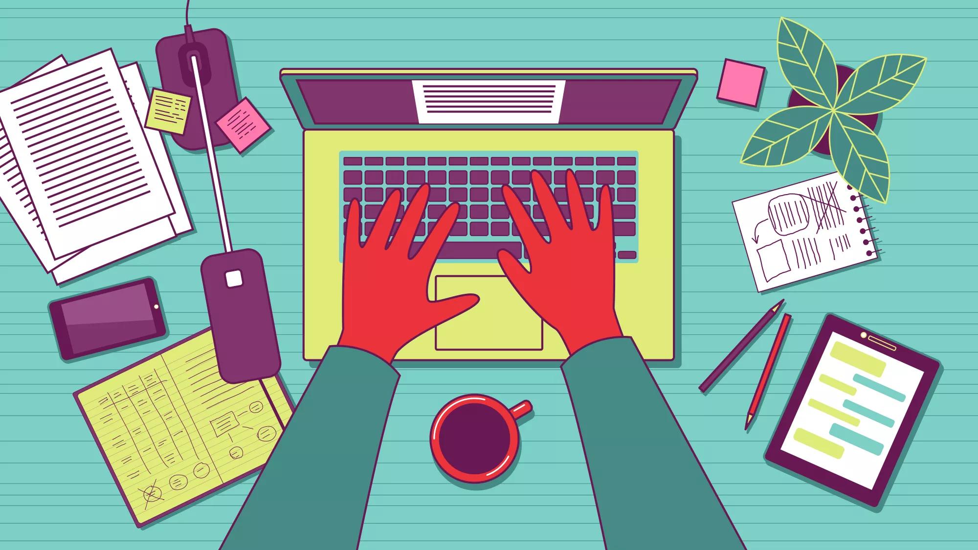 Man typing on laptop. Workplace top view. Clipping mask used.