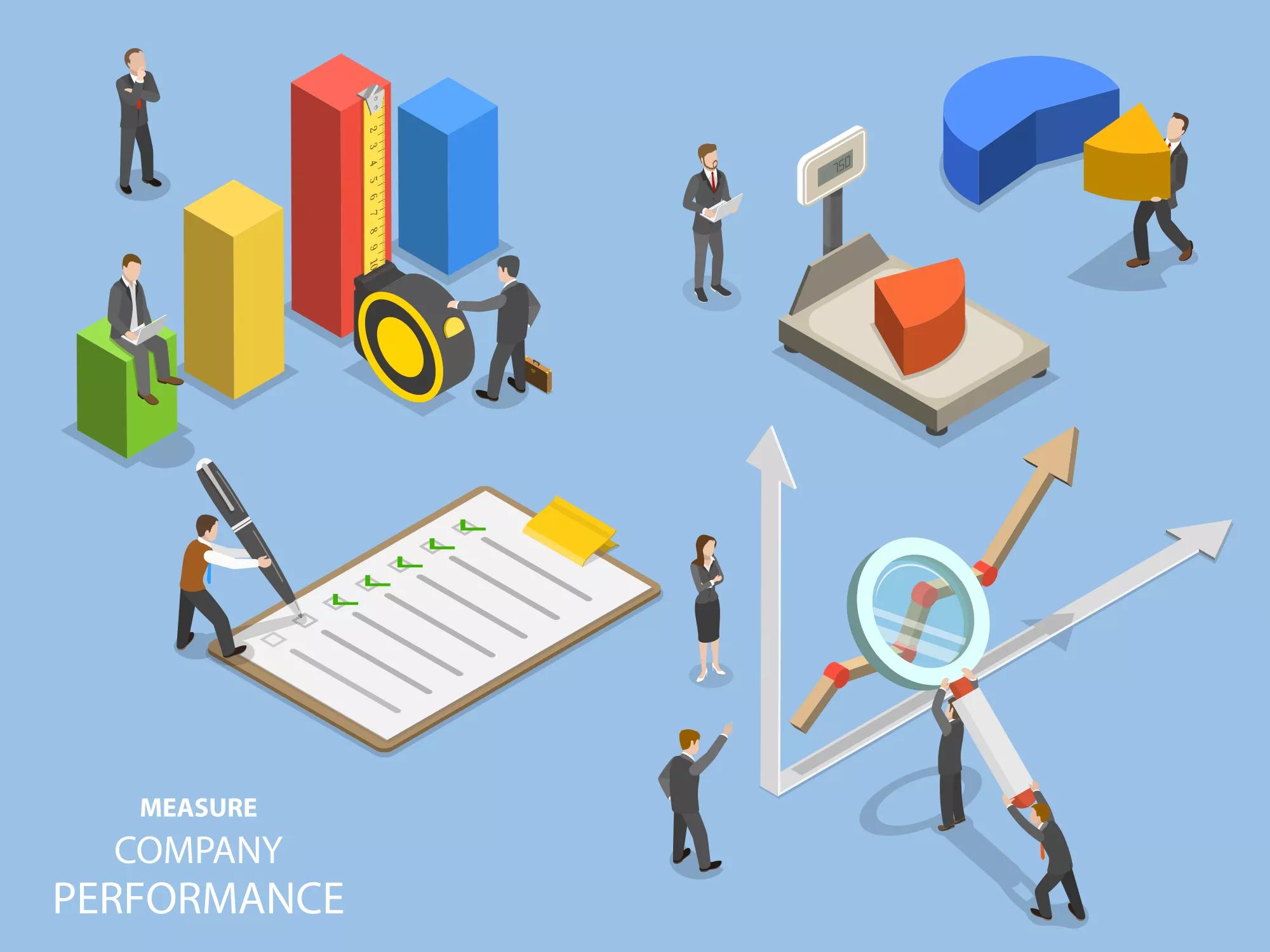 Business benchmarking flat isometric vector. Group of people are measuring company performance.