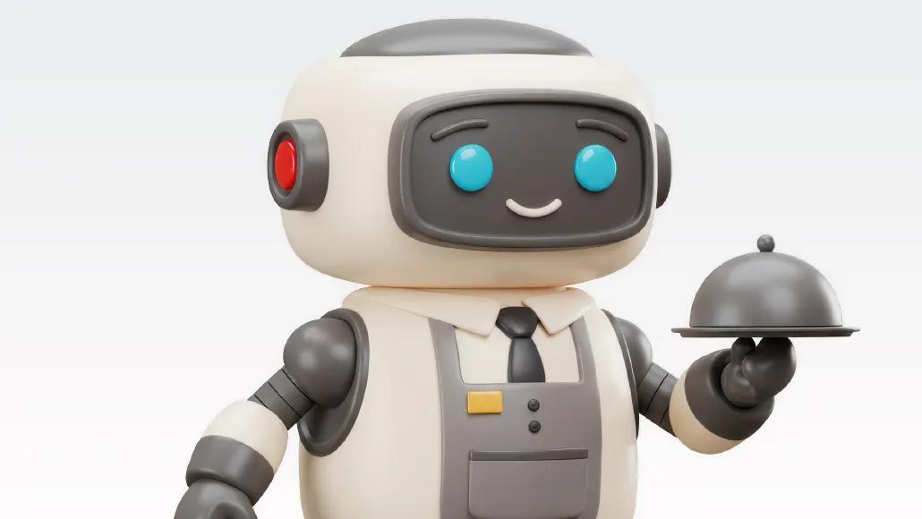 An illustration shows a robot butler carrying a domed tray.