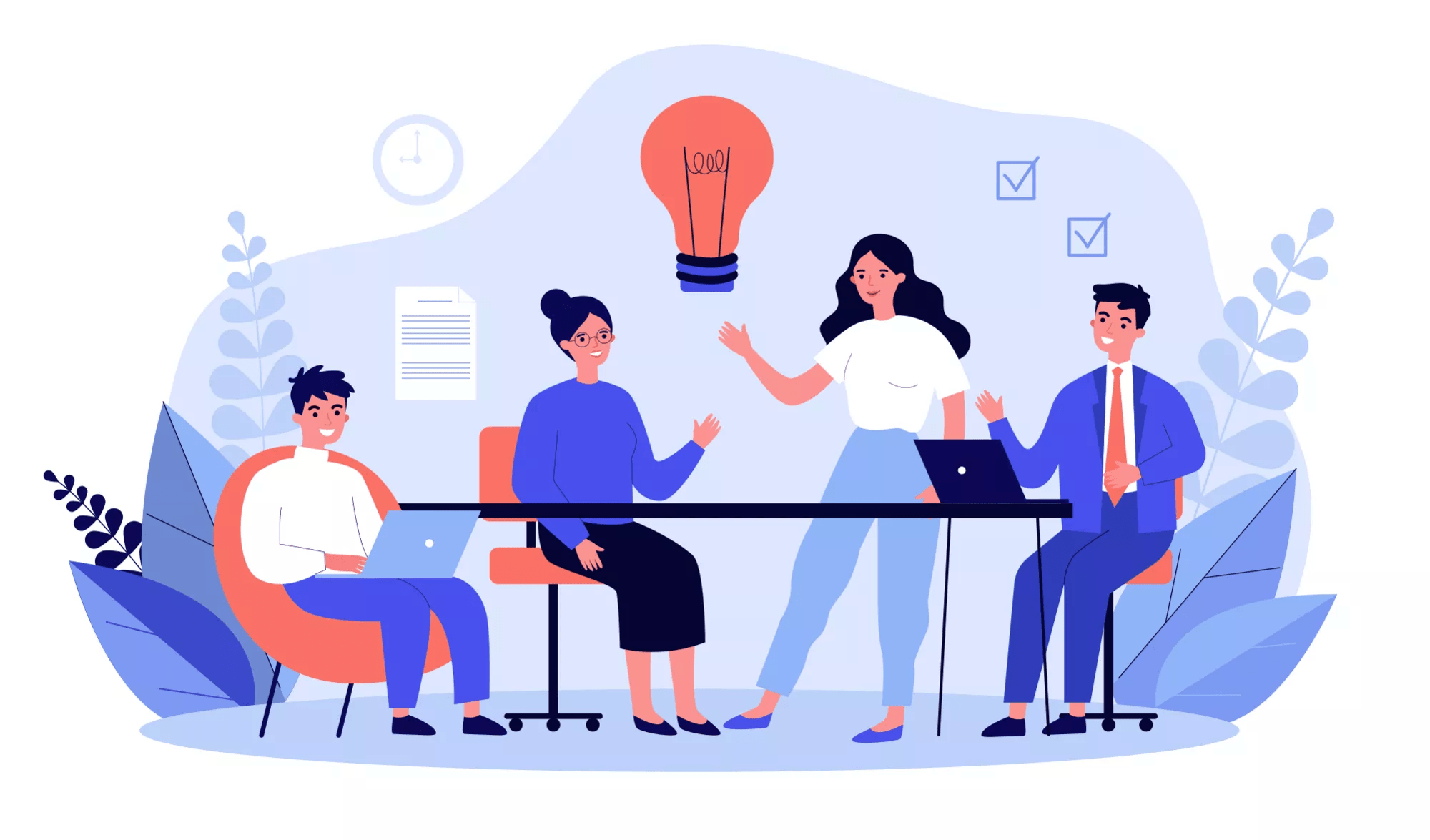 Business team working together, brainstorming, discussing ideas for project. People meeting at desk in office. Vector illustration for co-working, teamwork, workspace concept
