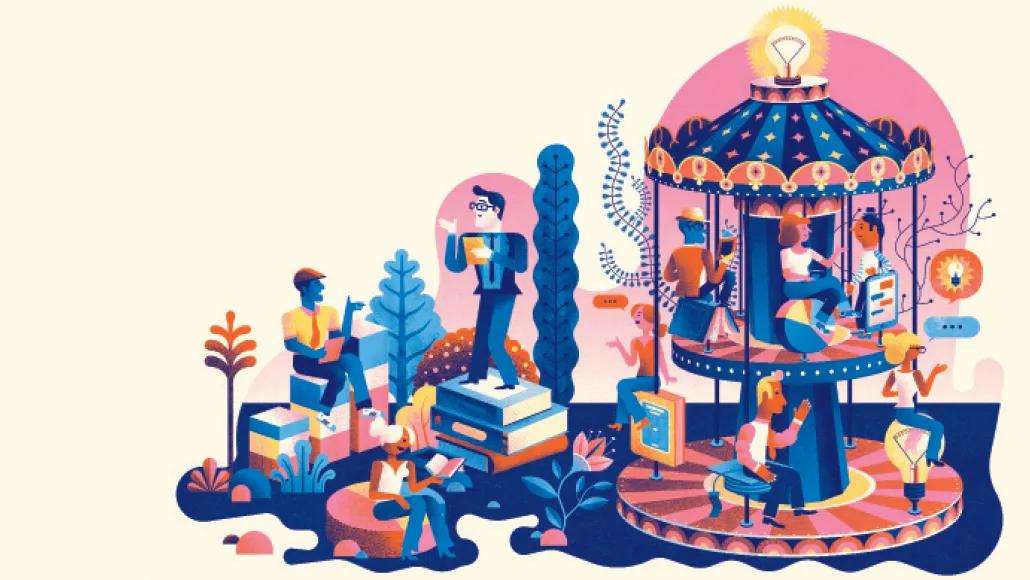 An illustration depicts a carousel with people in different states of learning.