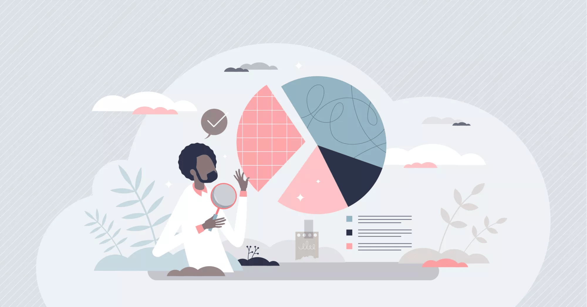 Project analysis with data pie chart and statistics research tiny person concept. Performance report control and monitoring to measure improvements vector illustration. Show work progress information.