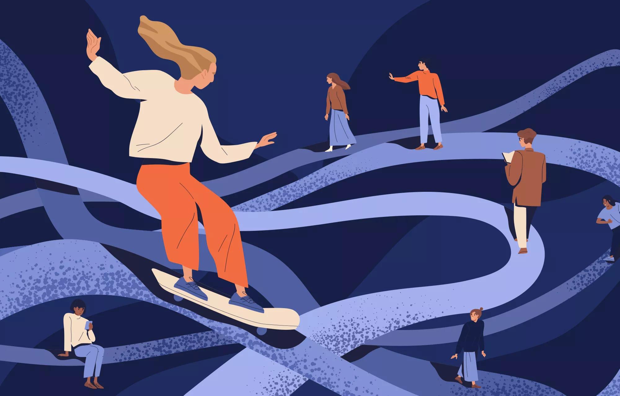 Psychological concept of important key points in memory or searching and finding life path. People going in past by psychotherapy. Flat vector cartoon illustration of people at tangled ways