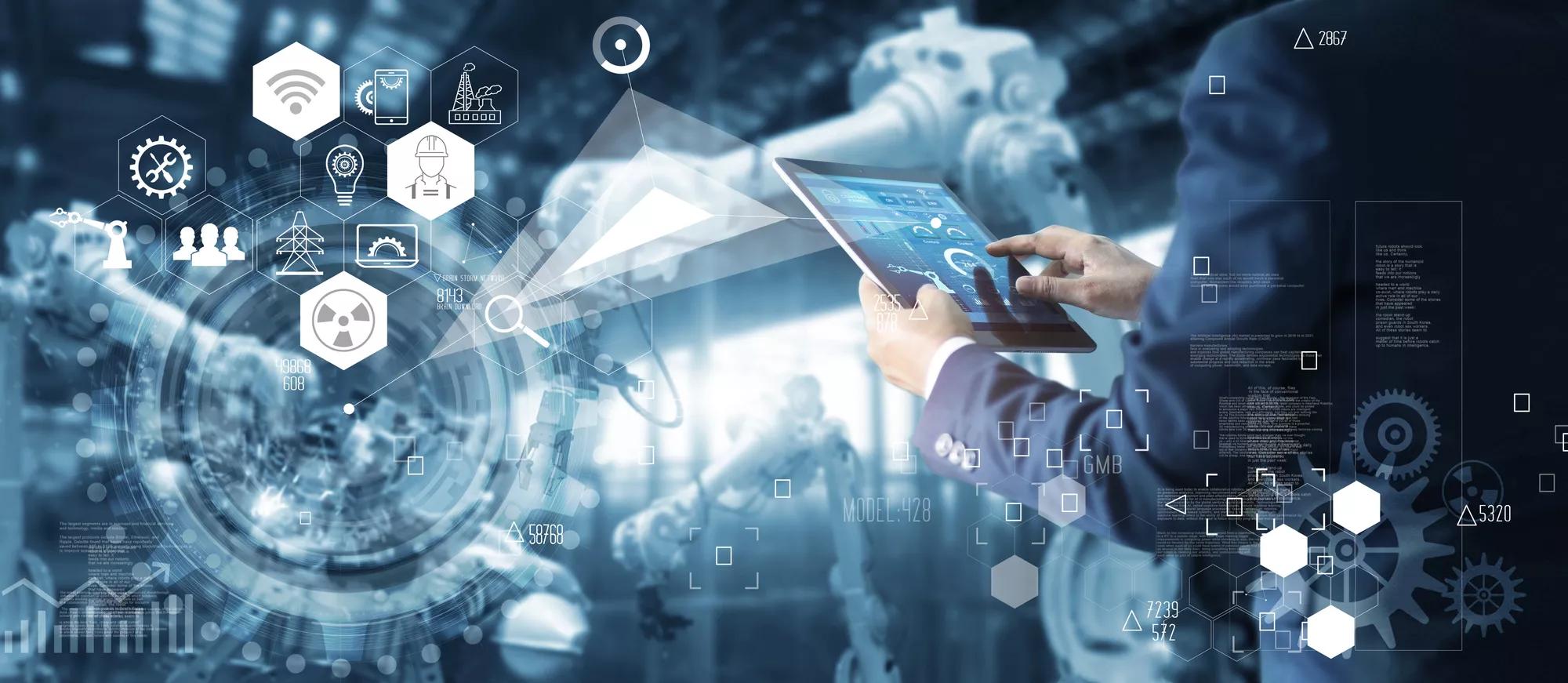 Technician manager, Industrial engineer controlling roboticts on monitoring system software and icon industry network connection on tablet. AI Automation robot arm machine in smart factory.