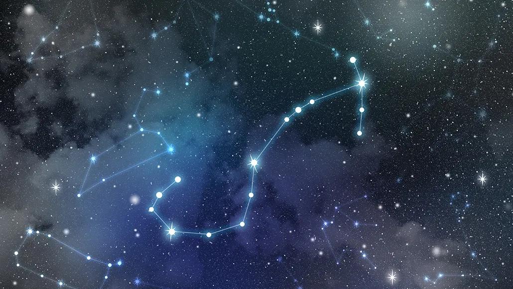 The night sky with the Scorpio constellation illuminated.