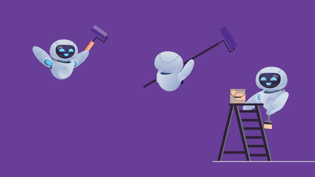 An illustration shows AI bots with paint brushes and paint rollers in hand.