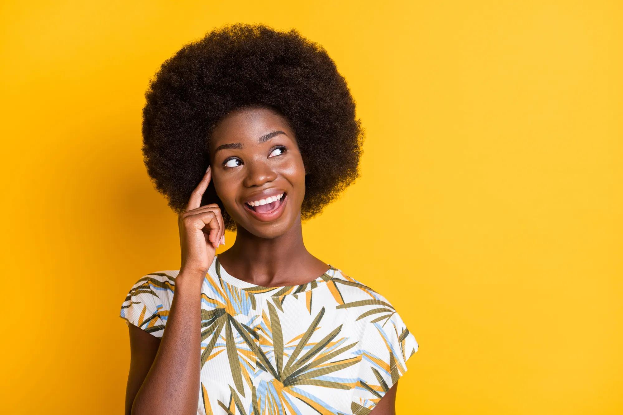 Close up photo of pretty attractive lady finger on the temple look empty space isolated on bright yellow color background