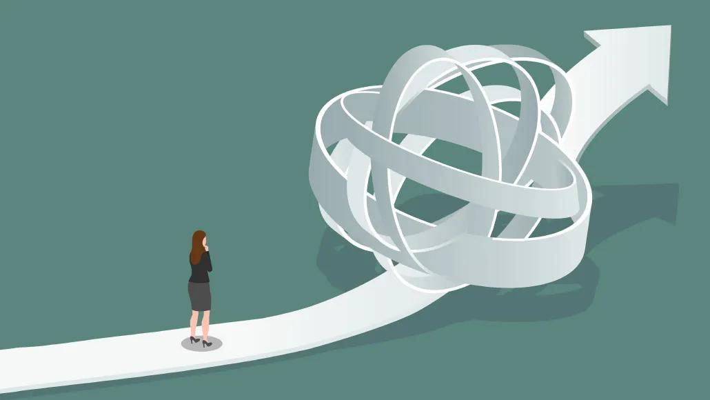 A person stands on a path. In the center of the image, the path knots around itself and emerges as an arrow on the other side of the knot. The person is unable to reach the arrow, and their path, due to the center knot.