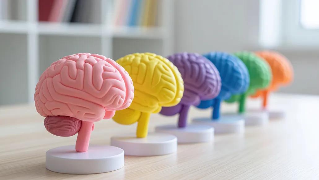 A photo shows plastic models of different colored human brains arranged in a row.