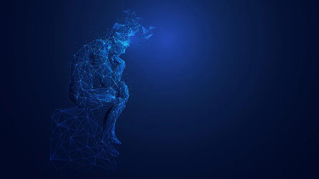 Rodin's statue, the Thinker, is drawn with interconnected technological lines. The pixels and lines break apart at the crown of his head, with fractals suspended in the air.