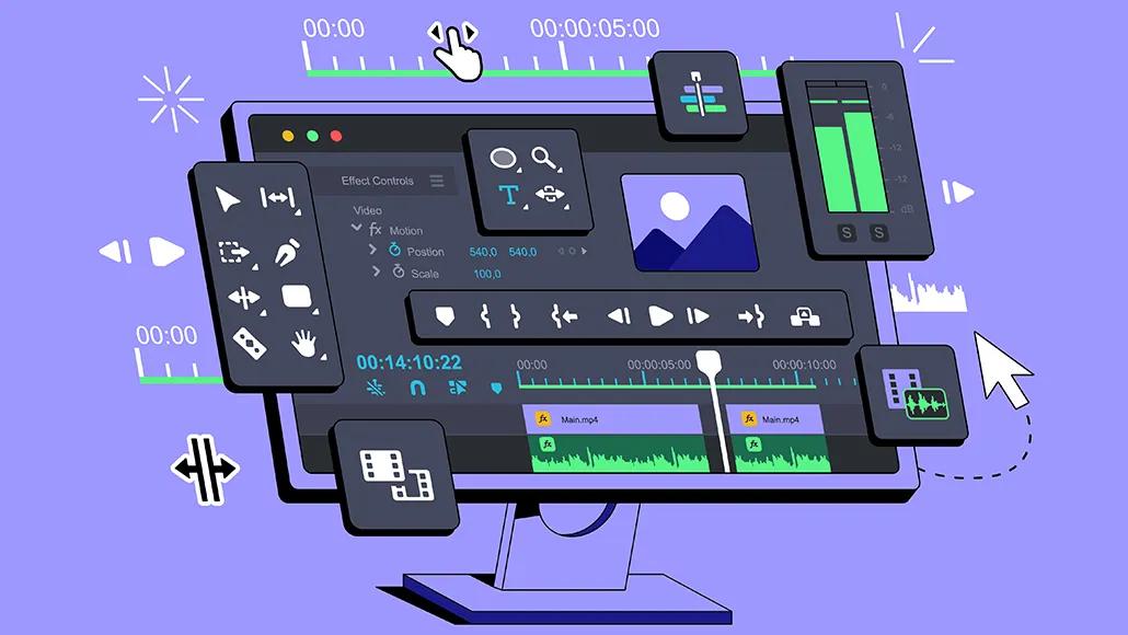 The image displays the user interface of a video editing software, specifically Adobe Premiere Pro,