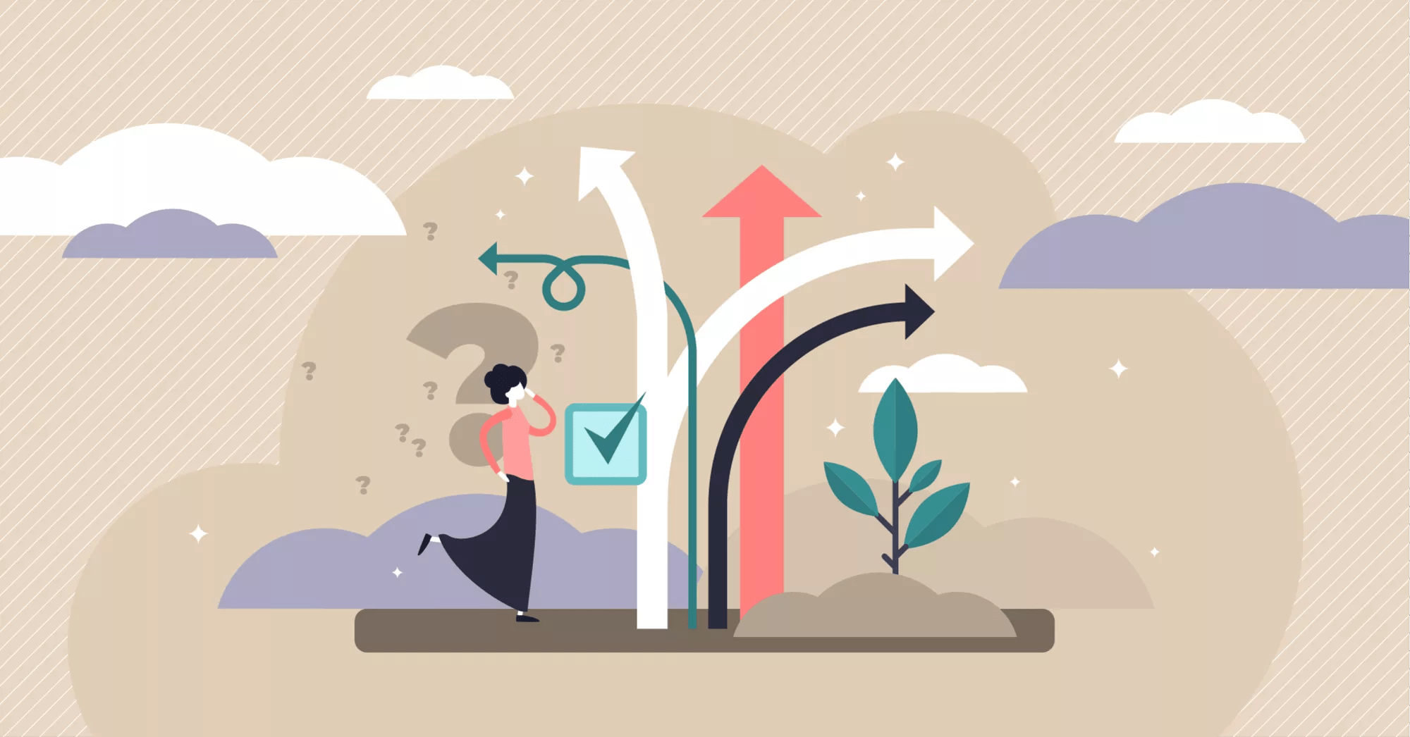 Decision making vector illustration. Tiny choose options persons concept.