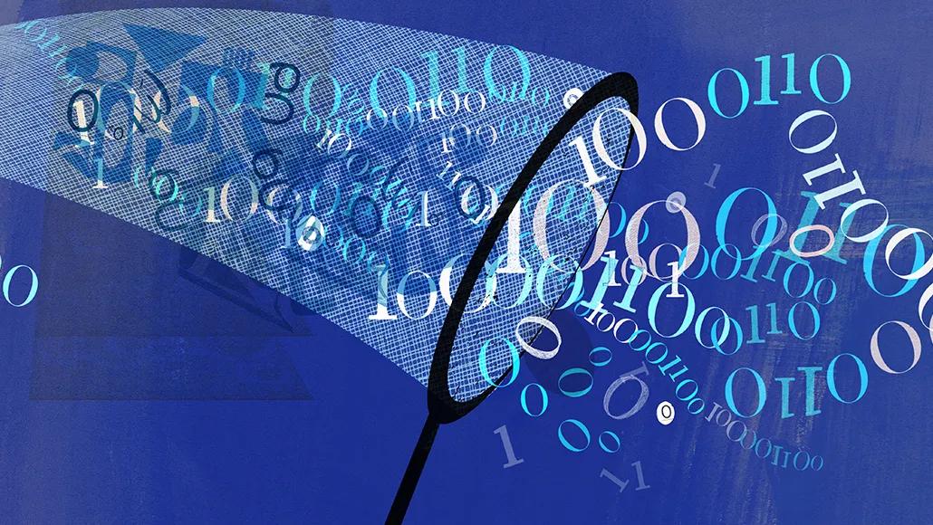 A butterfly net swooping to catch strings of binary code.