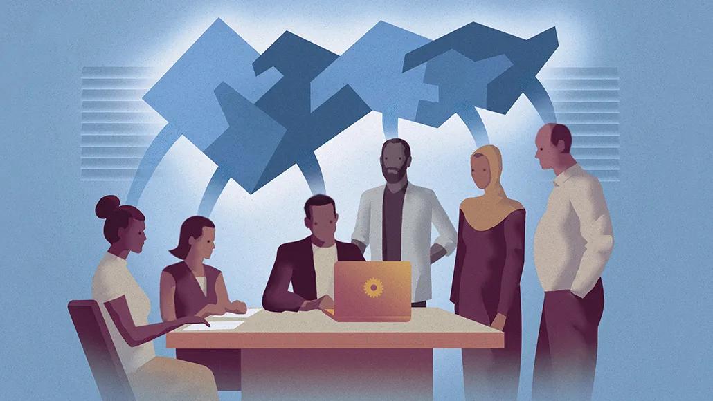 A group of people sit or stand around a table. On the left, two people sit with paper in front of them. In the middle, a person sits with a laptop in front of him. On the right, three people stand. Each of the six people has a thought bubble. The thought bubbles converge together over their heads like a puzzle, forming one vision.