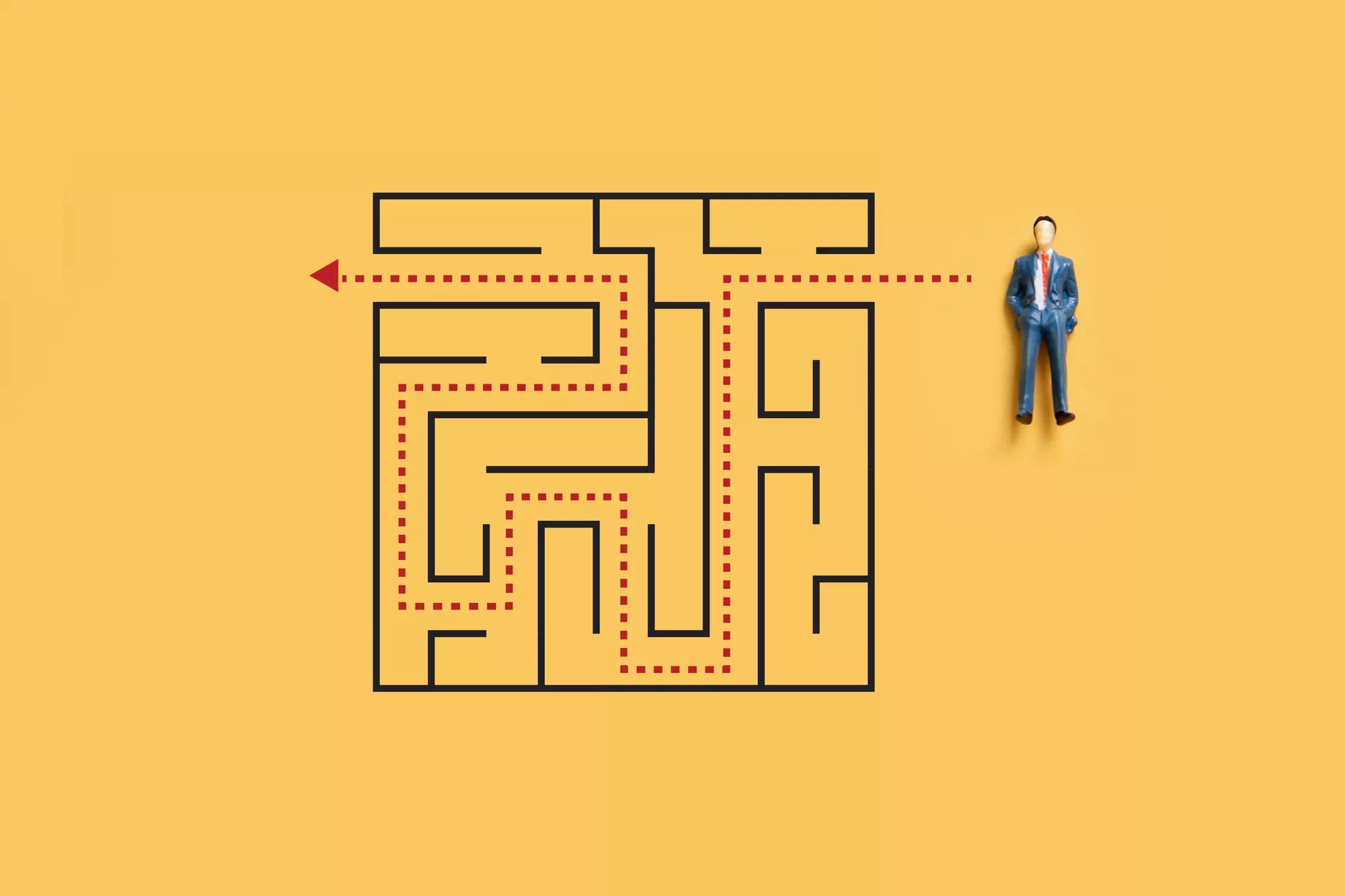 small businessman with maze riddle solving, solving algorithm to find path to goal of business