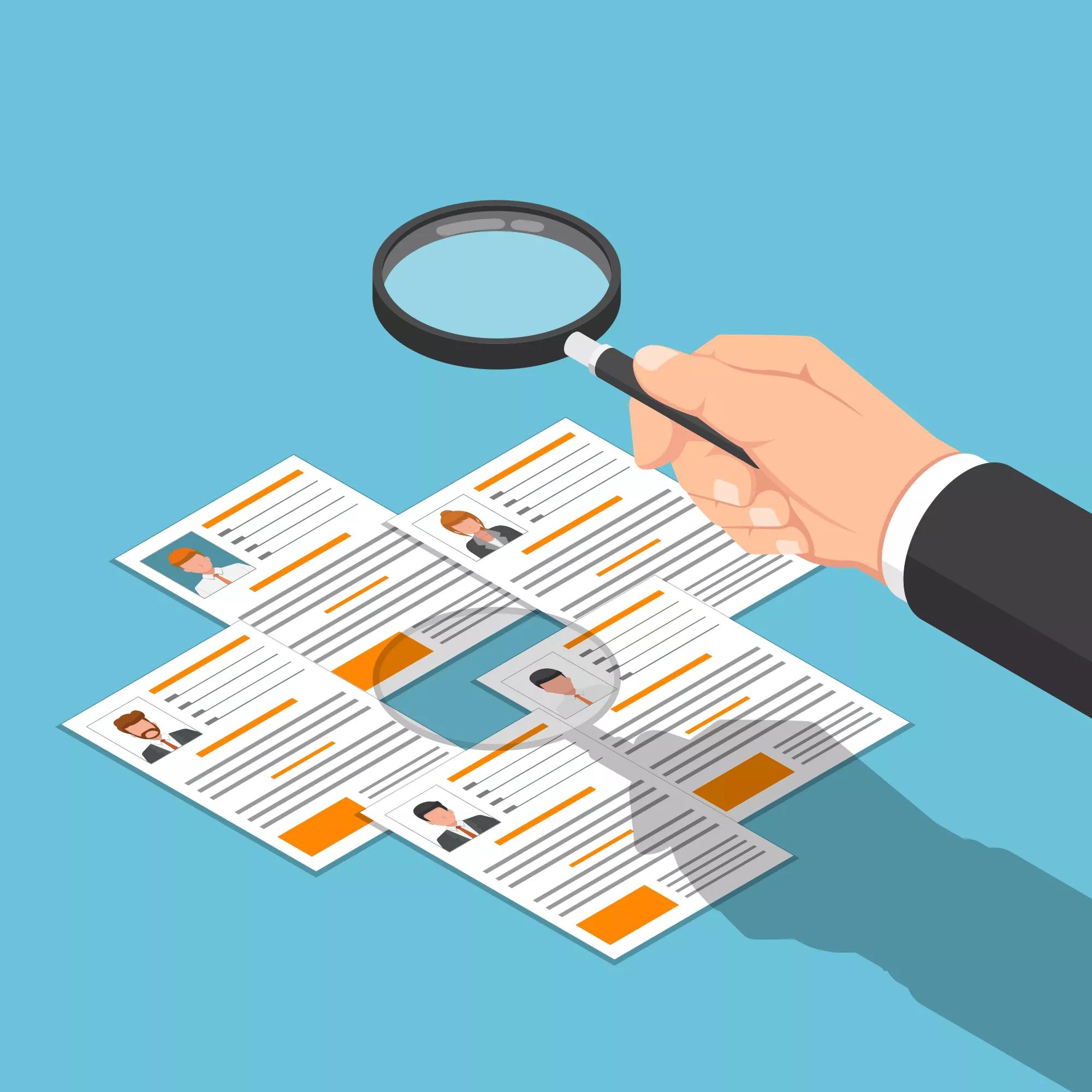 Isometric businessman hand viewing resume with magnifying glass.