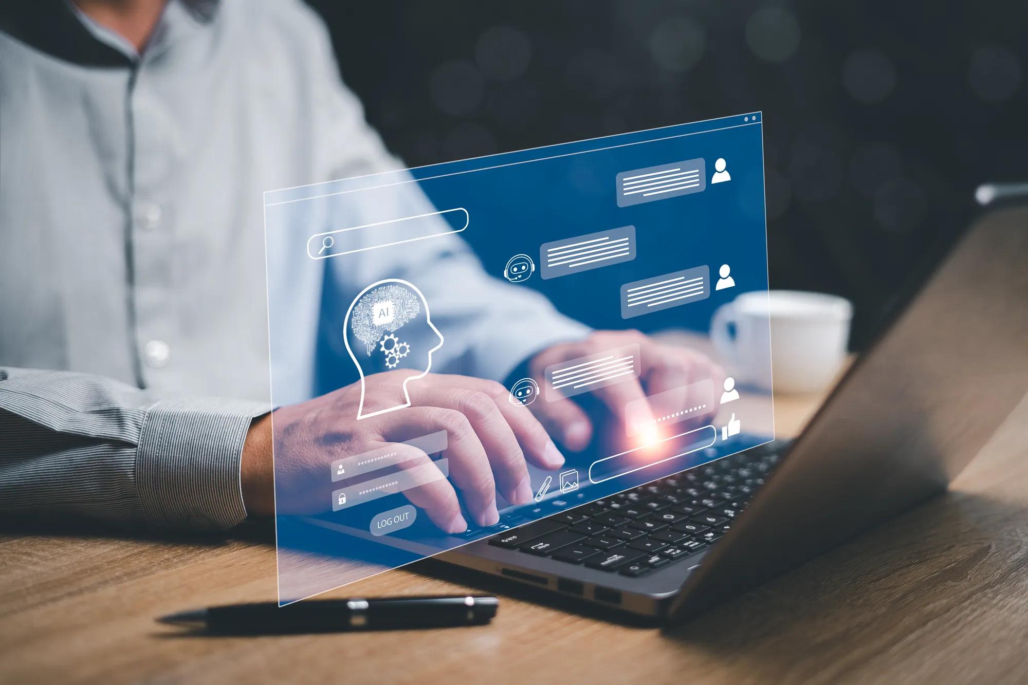 Chat with AI or Artificial Intelligence concept, Businessman use laptop chatting with a smart AI chatbot developed by OpenAI,Obtain information and knowledge from automated systems technology