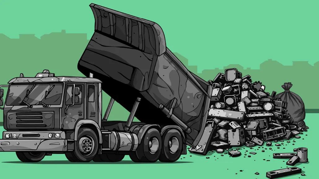 An illustration depicts a garbage truck dumping trash on the ground