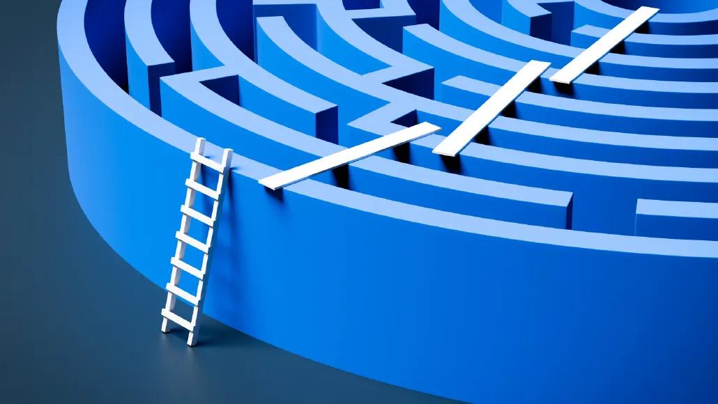 A maze. A ladder leans against the side and three planks cross the top of the maze walls, creating a shortcut to the center.