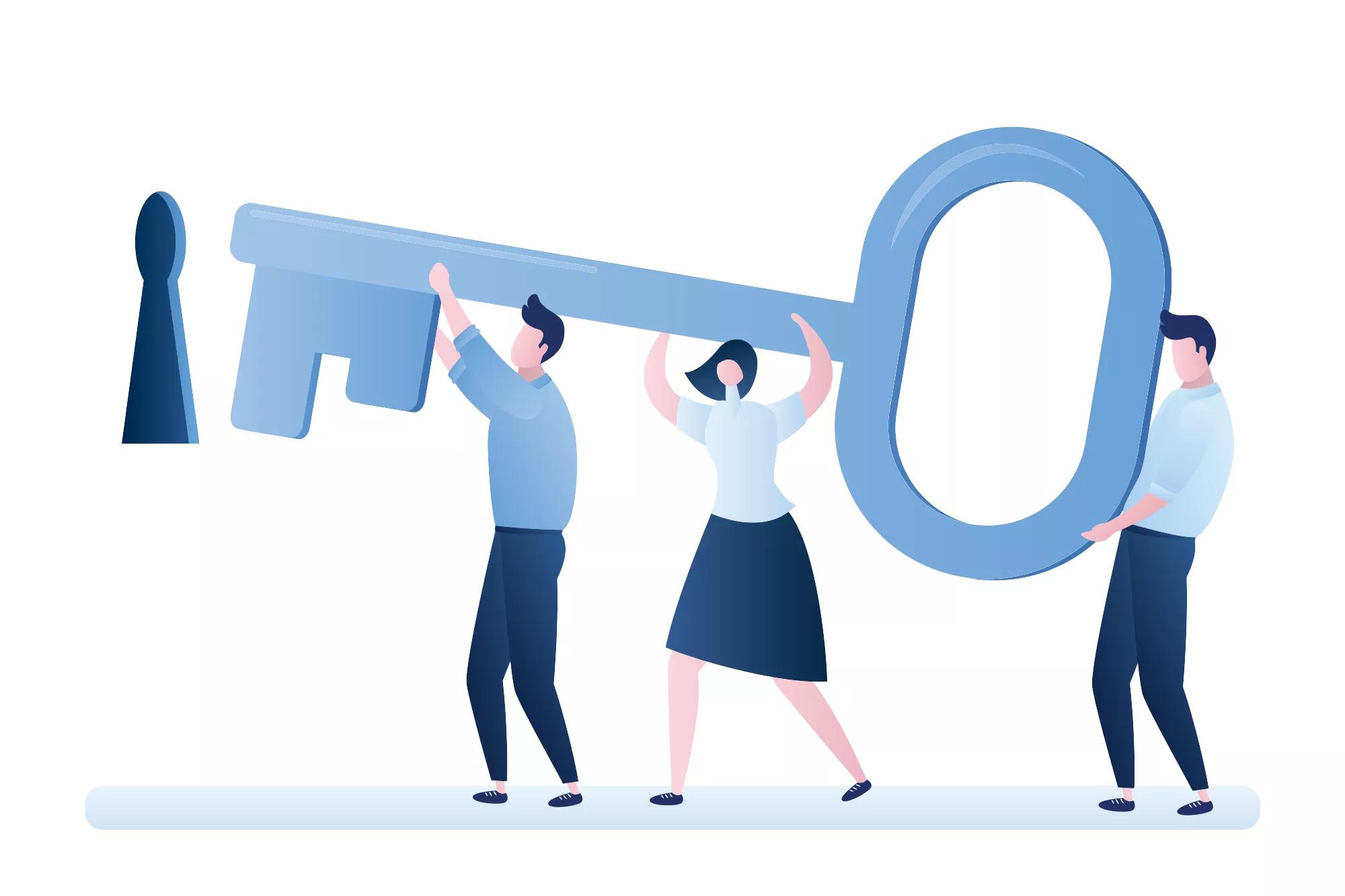 Businessmen standing in front of a keyhole with big key. Business team holding the key to success. Teamwork concept.