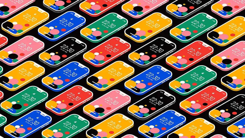 A collection of bright smartphones all set to 22:30.