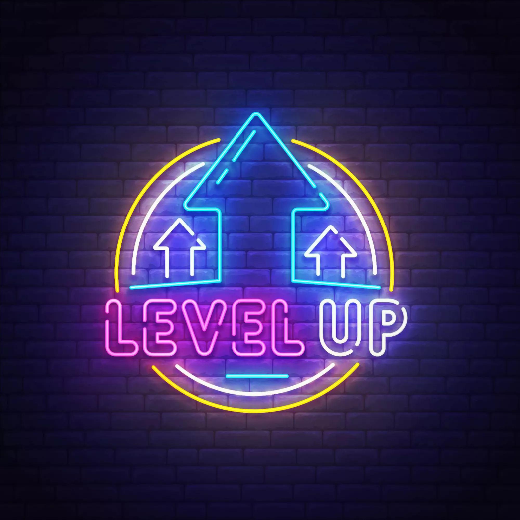 Level up neon sign, bright signboard, light banner. Game popup. Game logo neon, emblem. Vector illustration