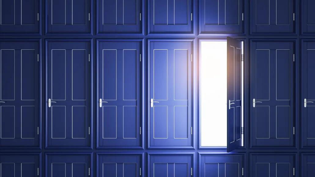 An illustration shows one open door among multiple closed doors.