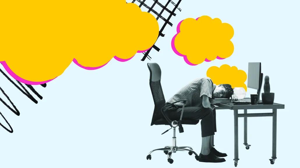 A illustration shows a man sitting in an office chair sleeping on a stack of books on the desk in front of him