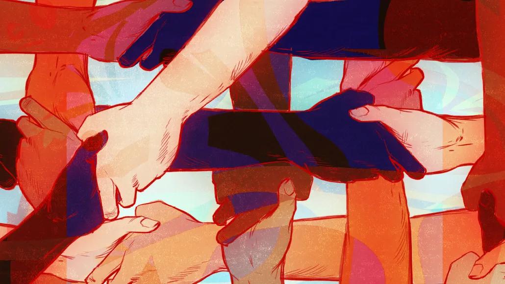 Arms and hands stretch across one another to clasp hands in a cross-hatch pattern.