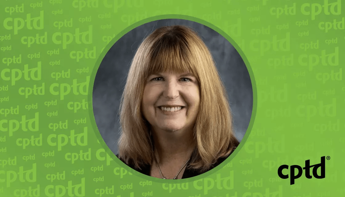 A photo of Denise Hicken on a green CPTD background