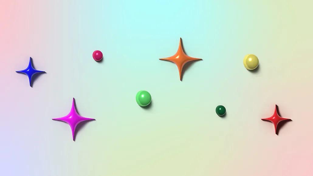 3D four-pointed star and spheres on an effervescent background.