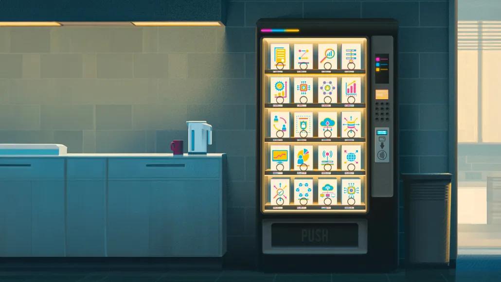 A vending machine in an office kitchen. On the left is a countertop, wall-mounted cabinet with underlighting, water pitcher, and mug. The vending machine has four columns by five rows, each with an technology item or icon: documents; line graph; magnifying glass and chart; flow chart; bar graph with check mark; microchip; person in the middle of six other people; bar chart; two people icons with arrows indicating communication; lock and shield; cloud upload; three items with eight arrows; computer monitor with trending graph; pie chart; router and antenna; globe; check mark with six arrows; six people in a circle; cloud with three monitors; and another microchip. On the right of the vending machine is a trash can.