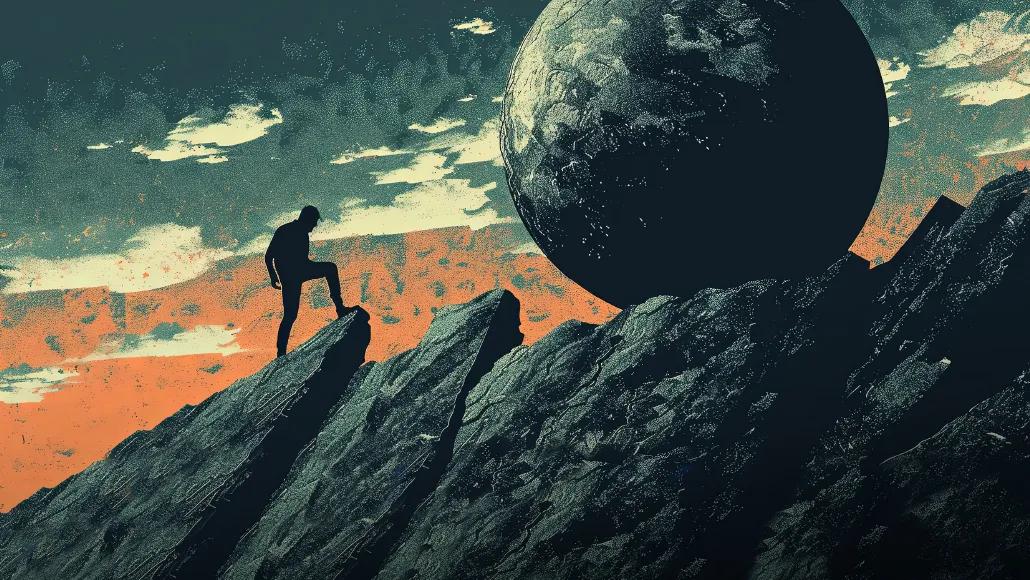 A person stands on a large, jagged rock face. In front of them is a large, spherical boulder.