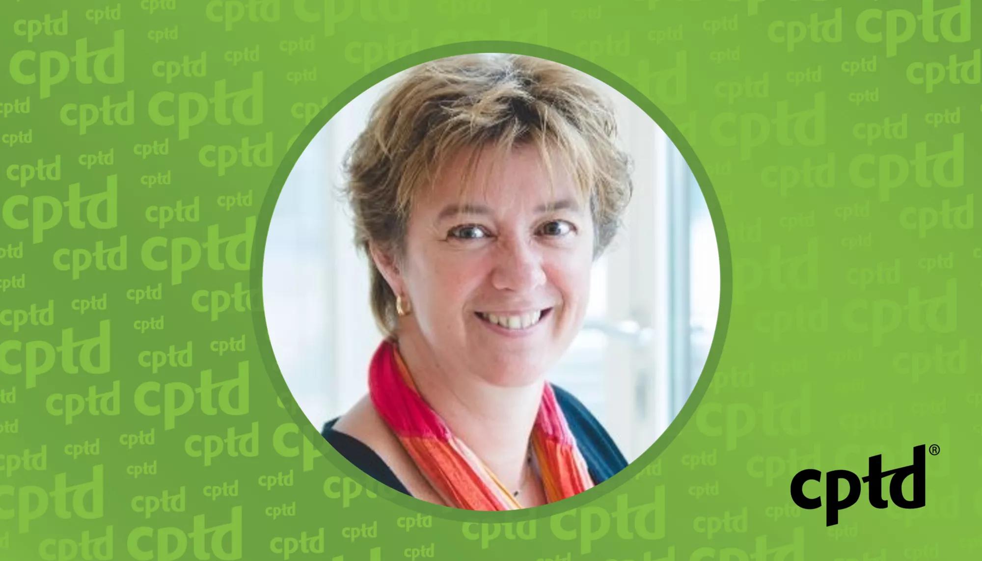 A photo of Petra Verheijen on a green CPTD background