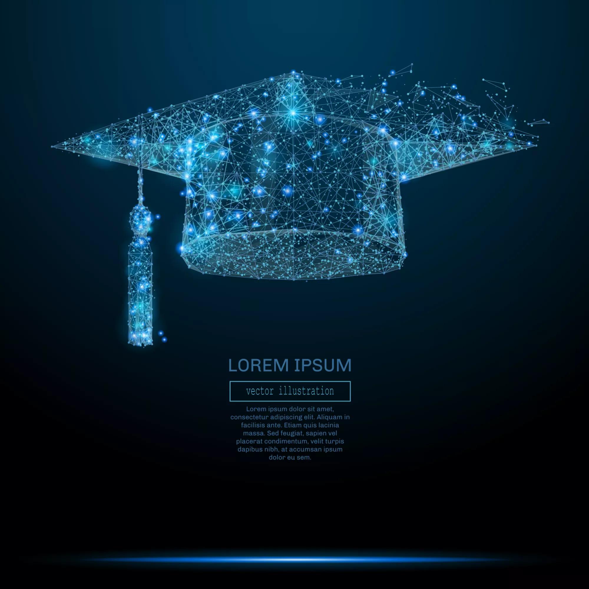 Polygonal Graduation cap. Business concept. Vector mesh spheres from flying debris. Thin line concept. Blue structure style illustration