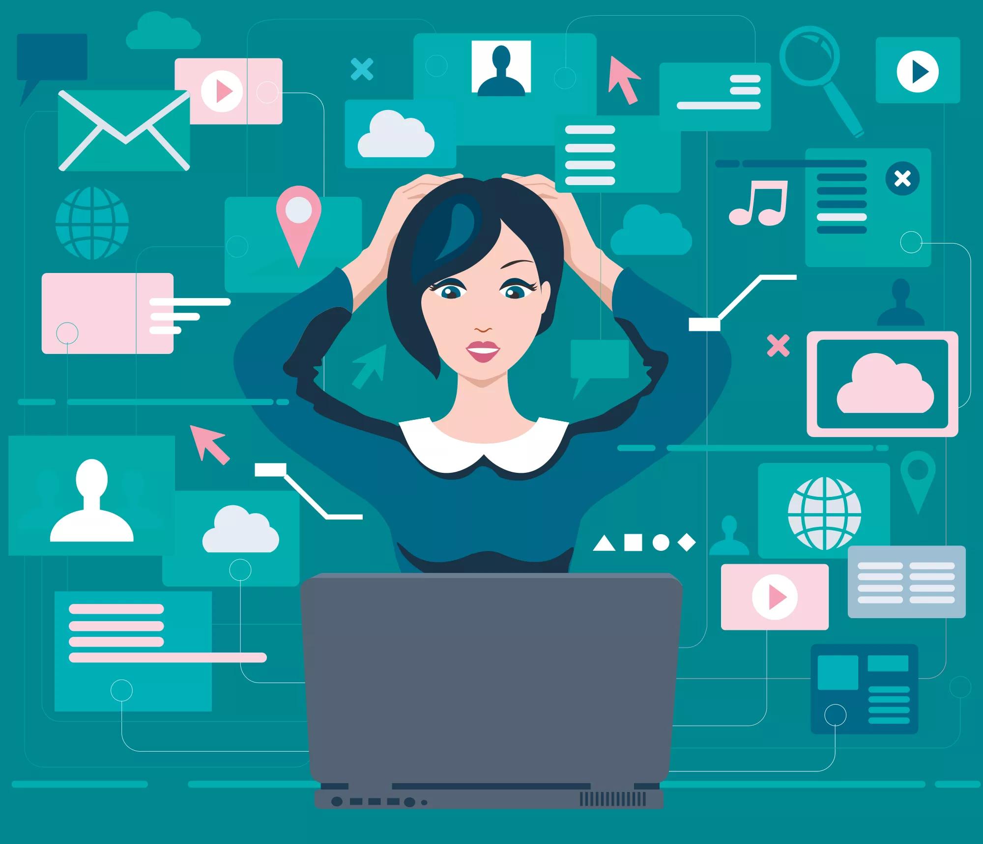 Woman under pressure overwhelmed by information. A woman sits in front of a laptop and is overloaded with a lot of information. Information overload concept. Vector.