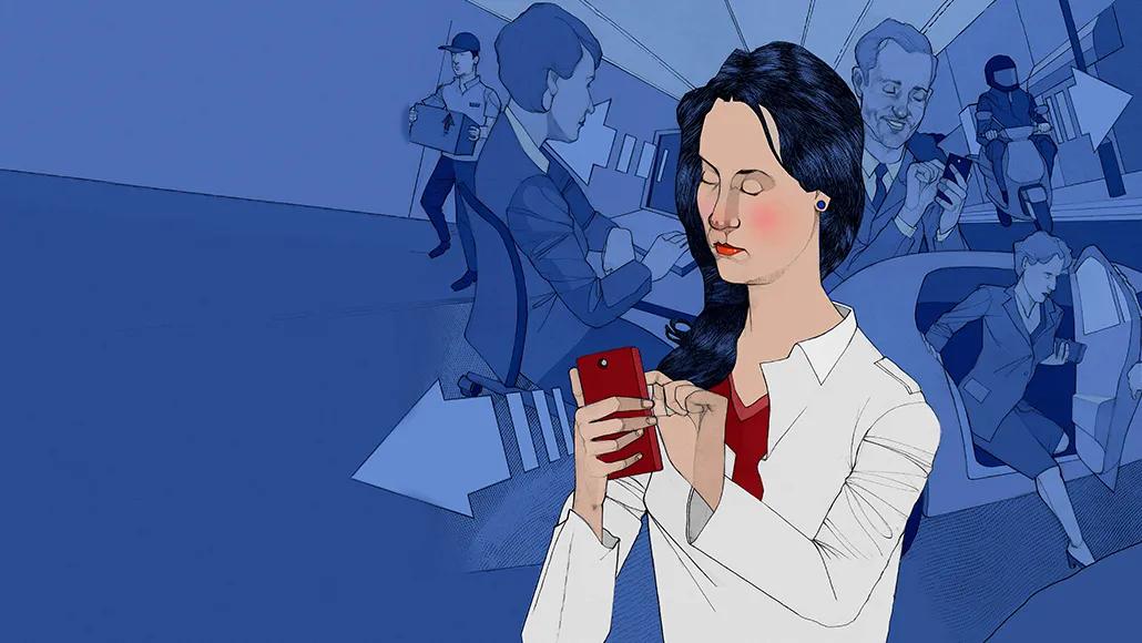 In the foreground, a woman taps on her mobile phone with a large arrow next to her hand. In the background, a woman exits a car; a man taps on his mobile phone; a motorcycle drives past a building with a large arrow next to the driver; a women works at a laptop in a cubicle with a large arrow exiting the computer screen; a delivery person holds a large box and walks down a hallway.