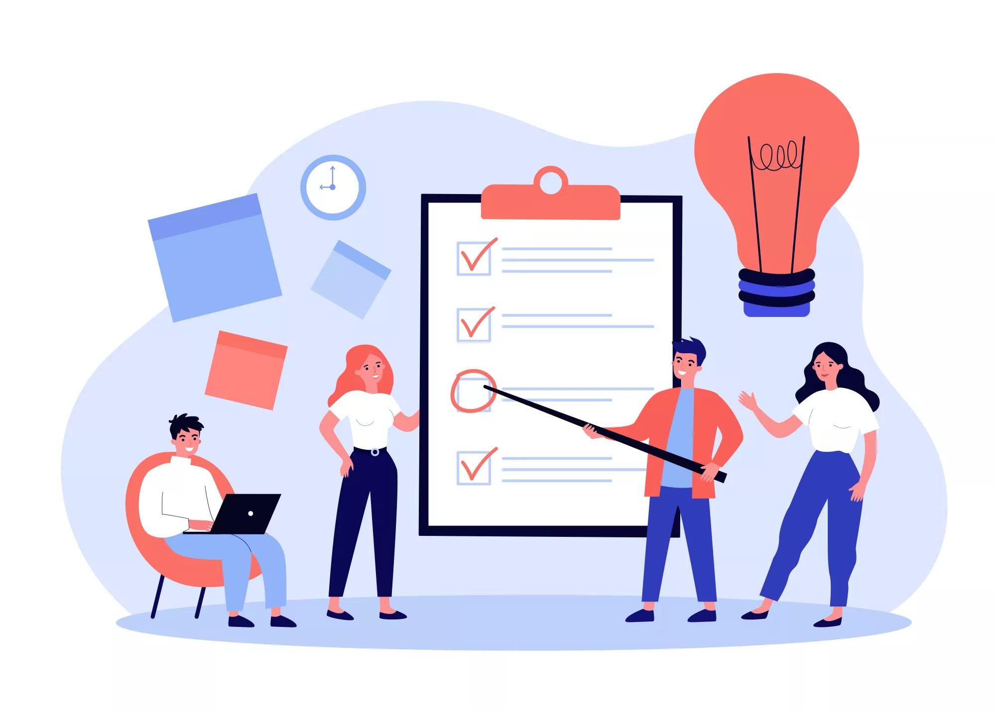 Team members sharing ideas during brainstorm set. Company managers thinking together, discussing project, filling up checklist. Can be used for teamwork, cooperation, coworkers concept