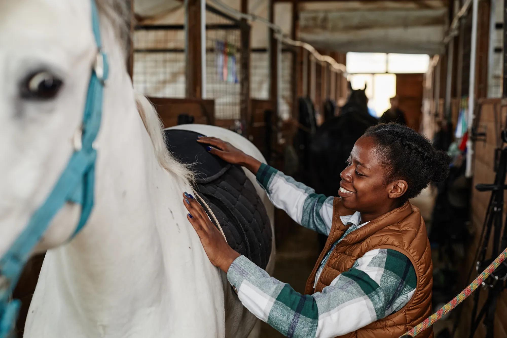 Side view portrait of young African American woman grooming white horse in stables and smiling happily