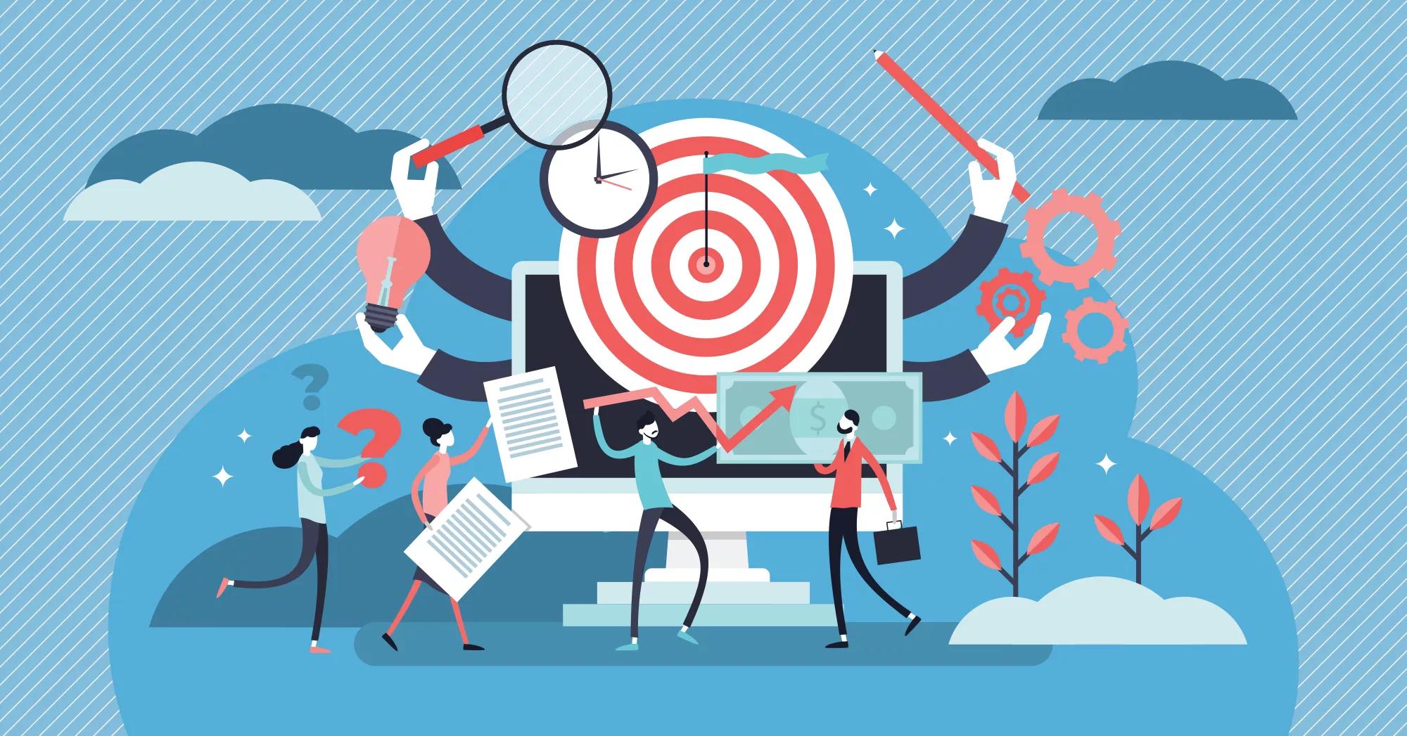 Project management vector illustration. Flat tiny teamwork persons concept.